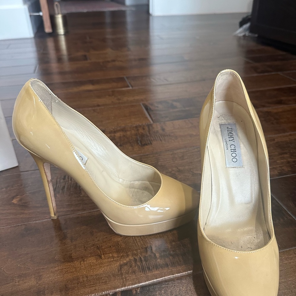 Jimmy Choo Nude Patent Leather Platform Pumps